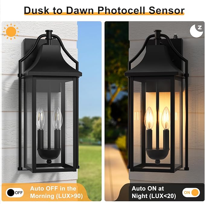 ๐๐๐ฐ๐ต Outdoor Wall Sconce Fixture, Dusk to Dawn Patio Lights Waterproof Exterior Lanterns, 2-Light Modern Wall Light Mounted with Glass, Black Outside Lights for House Front Door Entryway