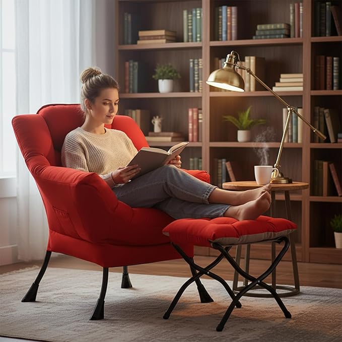 Welnow Lazy Chair with Ottoman, Modern Lounge Accent Chair with Armrests and a Side Pocket, Leisure Sofa Armchair Set, Reading Armchair with Footrest for Small Space, Red