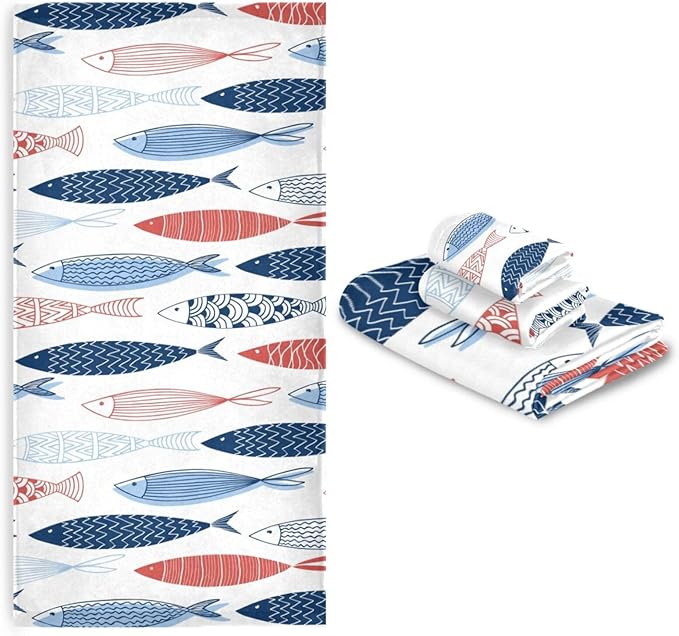 Colorful Fish Bath Towels Set,Absorbent Soft 3 Piece Vintage Nautical Costal Beach Theme Fishes Towels for Bathroom,1 Bath Towel 1 Hand Towel 1 Washcloth,Quick Dry Decoractive Bathroom Towels