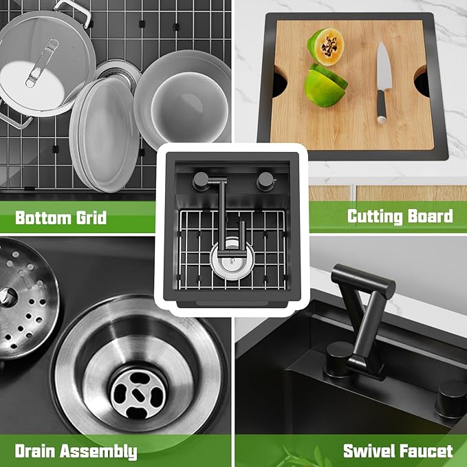 Black RV Kitchen Sink, 13x15In Stainless Steel Undermount Single Bowl Space-Saving Workstation Kitchen&Bar Sink Come With Foldable Faucet,Cutting Board,SS Grid Nice For RV,Tiny Home,Small Bar