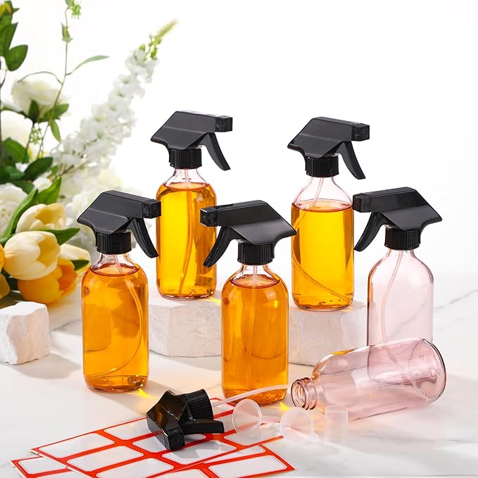 Norme 24 Pcs Glass Spray Bottles with Funnels and Labels 8 oz Refillable Cosmetic Empty Spray Containers with Trigger Squirt Containers for Essential Oil Cleaning Solutions (Pink)
