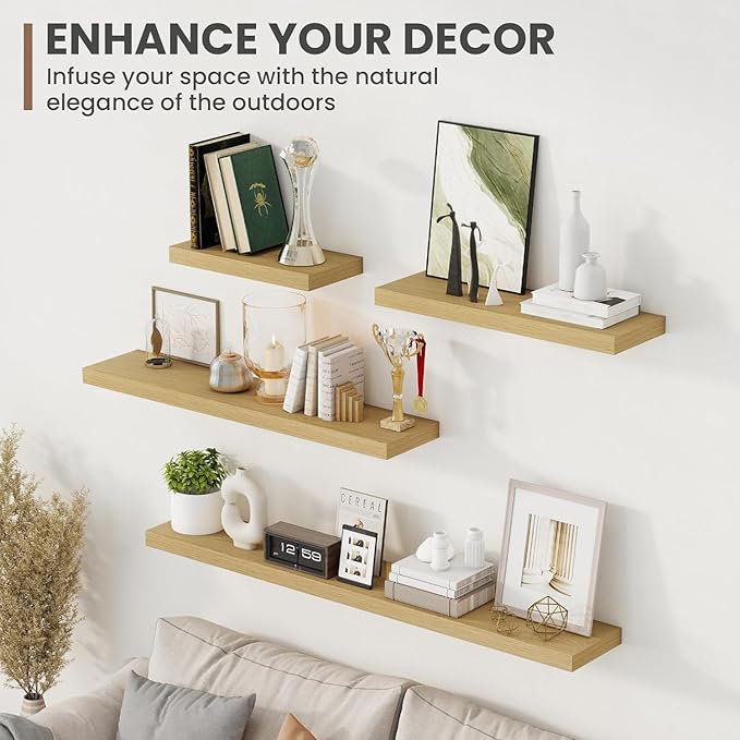 72 Inch Floating Shelves, 8 Inch Deep Floating Shelves for Wall, Hanging Shelf with Invisible Brackets, Deep Shelves for Bathroom, Bedroom, Living Room, Oak, Set of 2