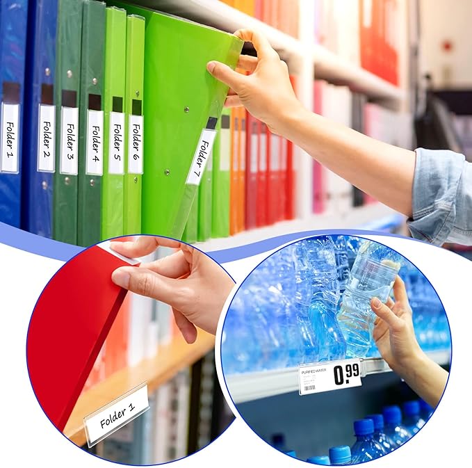 Yexiya 300 Pieces 3 x 1 Inch Self Adhesive Label Holders with Paper Label Inserts Clear Shelf Tag Label Holders Plastic Price Tag Holder for Supermarket Library Bookshelves Mailbox Storage Bins
