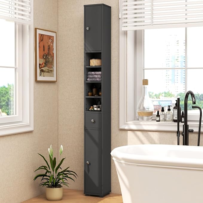 Giantex Slim Bathroom Storage Cabinet - 71” Tall Narrow Floor Cabinet Cupboard with 2 Doors, 5 Adjustable Shelves, 1 Drawer, Anti-Tipping Device, Thin Linen Tower Cabinet for Living Room (2, Grey)
