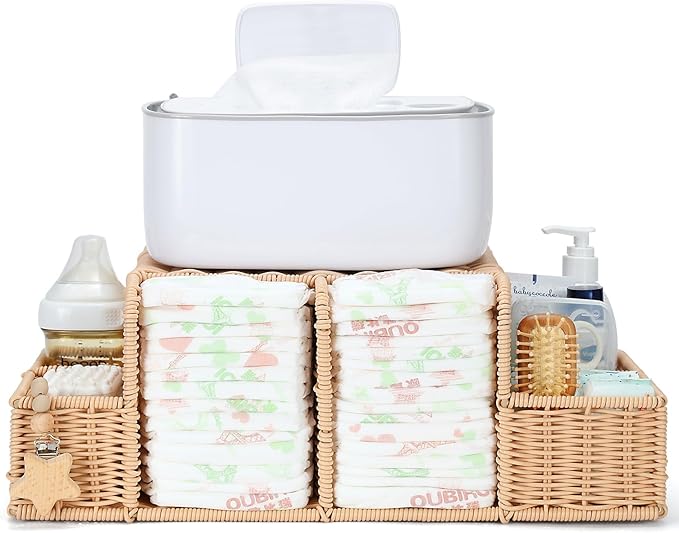 Diaper Caddy Organizer, Hand Rattan Nursery Storage Basket for Baby Essentials, Baby Changing Table Organizer Perfect Nursery Assistant (Natural Woven, L)