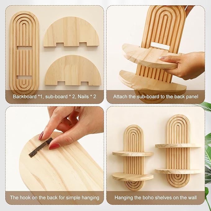 Artilady 2 Pack Boho Wall Hanging Shelf - Handmade 2 Tier Rainbow Arch Solid Wood Floating Shelves Wall Decor Small Trinket Storage Rack for Bedroom Living Room Nursery Bathroom
