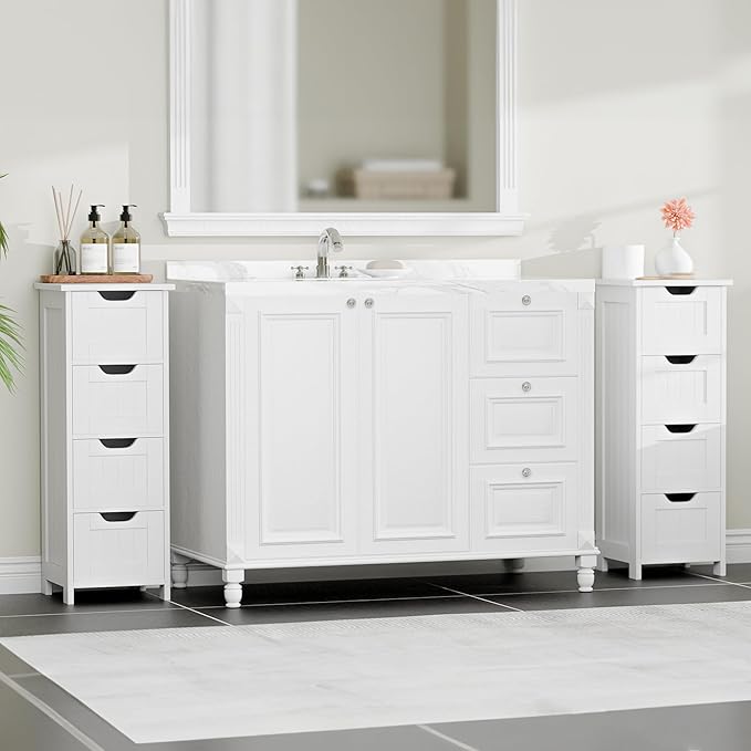 ZENY Bathroom Floor Storage Cabinet with 4 Drawers for Bedroom, Bathroom, Hallway, Narrow Toilet Paper Cabinet, Freestanding (White)