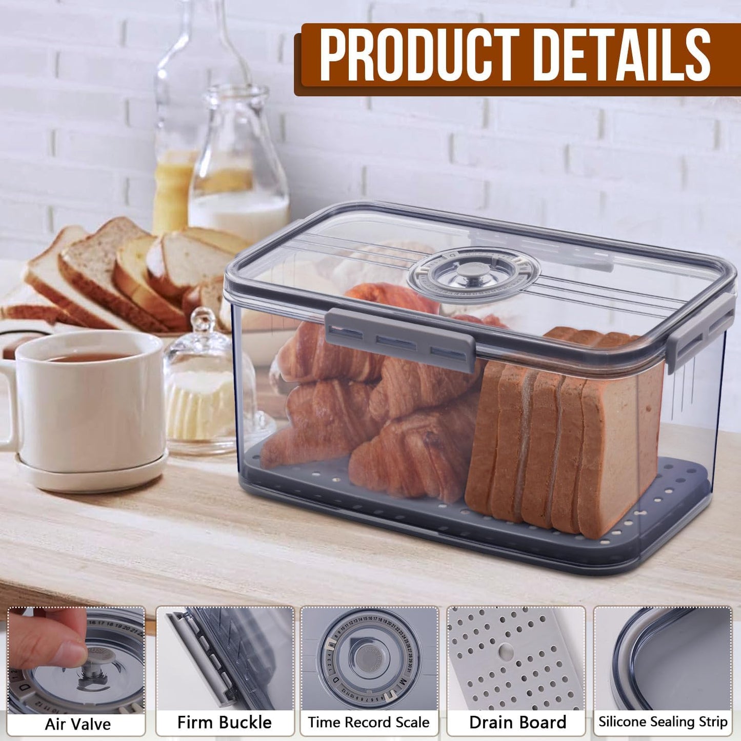 Airtight Bread Box with Time Recording — Large Capacity Bread Storage Container with Lid, Bread Keeper for Homemade Bread, Toast, Bagel & Cookies, Grey