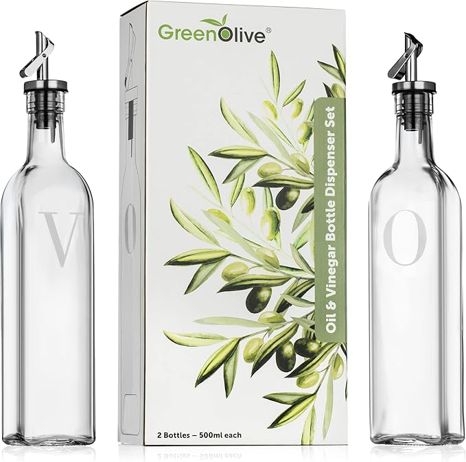 GREENOLIVE Olive Oil and Vinegar Dispenser Set - 17 oz. Glass Bottles with No-Drip BPA-Free Spouts - Stylish O and V Identifiers for Kitchen and Dining Use - Set of 2