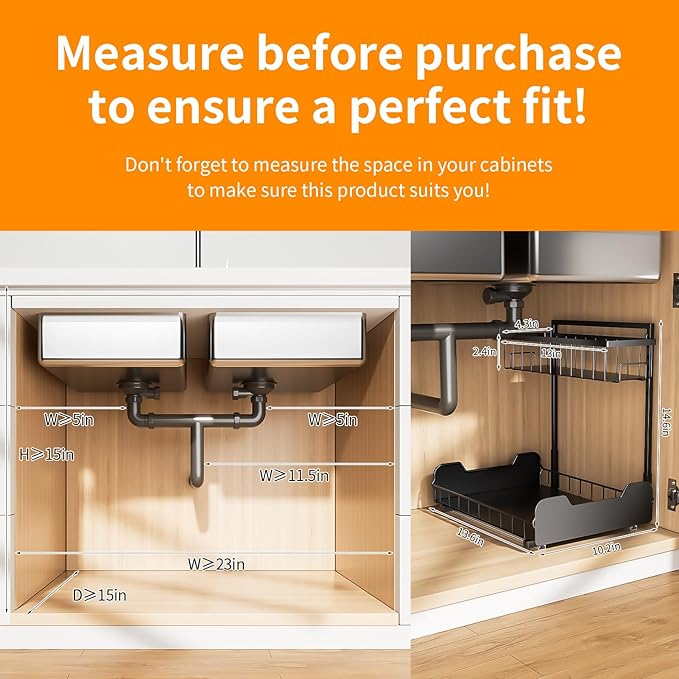 Under Sink Organizer, 2-Tier Thickened All-Metal L-Shaped Pull Out Cabinet Organizer Shelf, Height Adjustable Slide Out Storage Drawer for Kitchen, Bathroom, Laundry, Black, 2-Pack