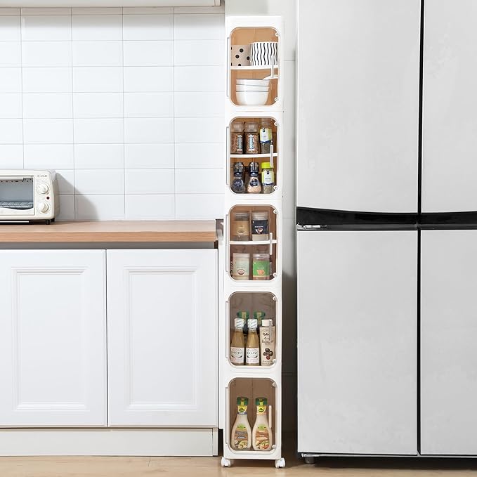 Narrow Bathroom Storage Cabinet with Wheels, 4-Tier Plastic Slim Organizer with Adjustable Shelves for Small Spaces,Bathroom, Kitchen, Milky White
