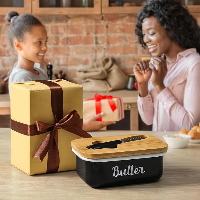 Butter Dish with Lid and Butter Curler Knife for Countertop - Unbreakable Metal Keeper Container with High-quality Double Silicone Sealing, for Kitchen Farmhouse Decor, Black