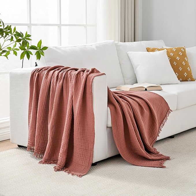 Muslin Blanket 100% Cotton Blanket Throw 50”x65”, Lightweight Breathable Summer Blanket Throw. Supersoft 4-Layer Gauze Throw Blanket for Sofa, Couch, Bed, All-Season Use, Copper Brown