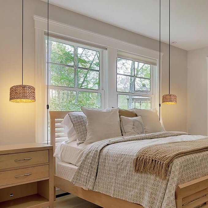 HuisMier Rattan Plug in Pendant Light with 15 Ft Plug in Cord, Wicker Woven Lampshade Hanging Lamp with Dimmable Switch, Plug in Boho Hangiing Light Fixture for Kitchen Island Bedroom Dinning Room