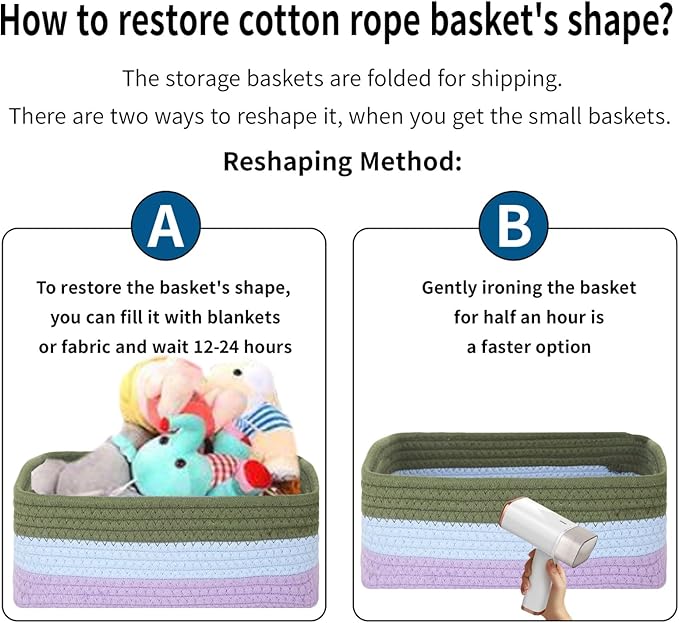 2 Pack Storage Baskets for Organizing, Small Storage Bins for Shelves, Woven Cotton Rope Baskets with Handles, Organizer Baskets for Gifts Empty, 12''Lx8''Wx4.5''H (Rainbow)