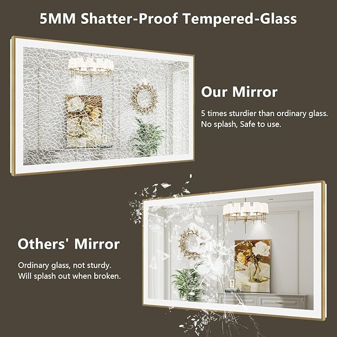 55x36 Inch LED Bathroom Mirror with Lights (Front Lit and Backlit) Gold Framed Lighted Vanity Mirror for Bathroom Wall Dimmable Anti-Fog Memory Tempered Glass Horizontal/Vertical