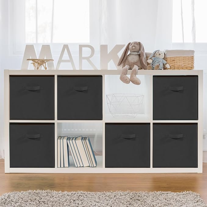11x10.5 Storage Bins, Set of 6 Storage Cubes. Collapsible Cube Storage Bins, Fabric Closet Organizers with Handles for Home, Closet Shelf Cabinet, Bookcase, Black (11"x10.5"x10.5")