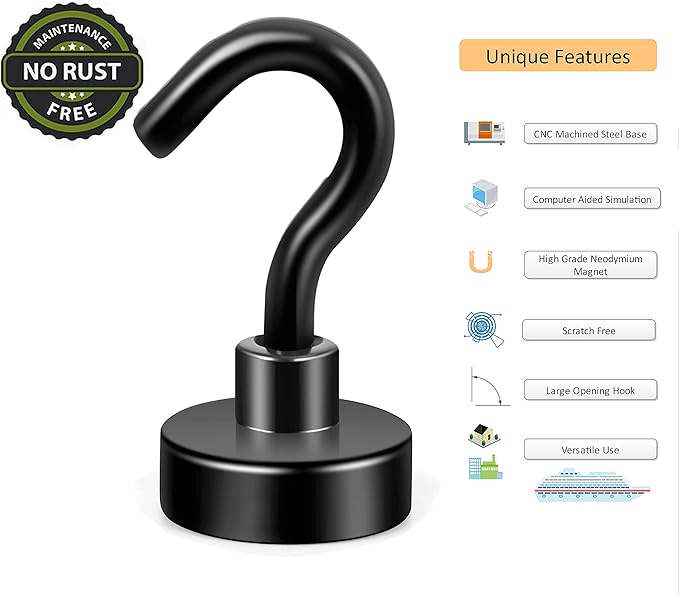 Neosmuk Black Magnetic Hooks,30lb Heavy Duty Earth Magnets with Hook for Refrigerator, Extra Strong Cruise Hook for Hanging, Magnetic Hanger for Curtain, Grill (Black, 4 Pack)