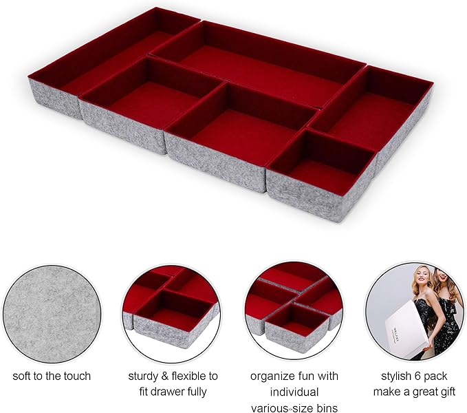 Welaxy Deluxe drawer organizers multi-purpose storage box junk bins for office home kitchen bedroom bathroom nightstand holder chic room decor quiet luxury 6-piece (Maroon)