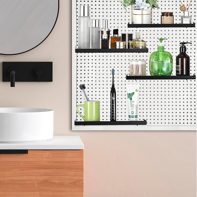 Kokone 6 Pack Pegboard Shelves with Lip Around The Edge, 12x4 Flat Display Shelves for Pegboard Storing or Displaying, Wall Pegboard Shelves Accessories Steel Tray for Garage Workshop Craft Room