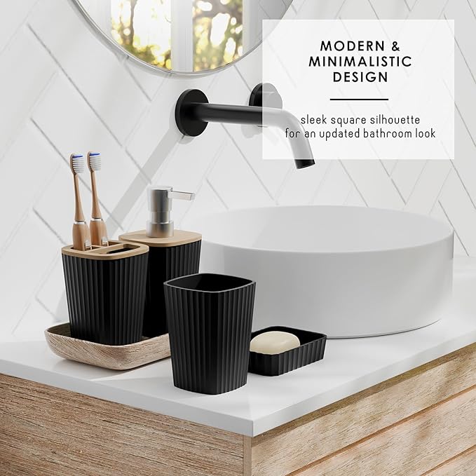 Clara Clark Bathroom Accessories Set - Bathroom Set, Bathroom Accessory Set, Shower Curtain Set, Toilet Brush, Trash Can & Soap Dispenser - Black - 20PC