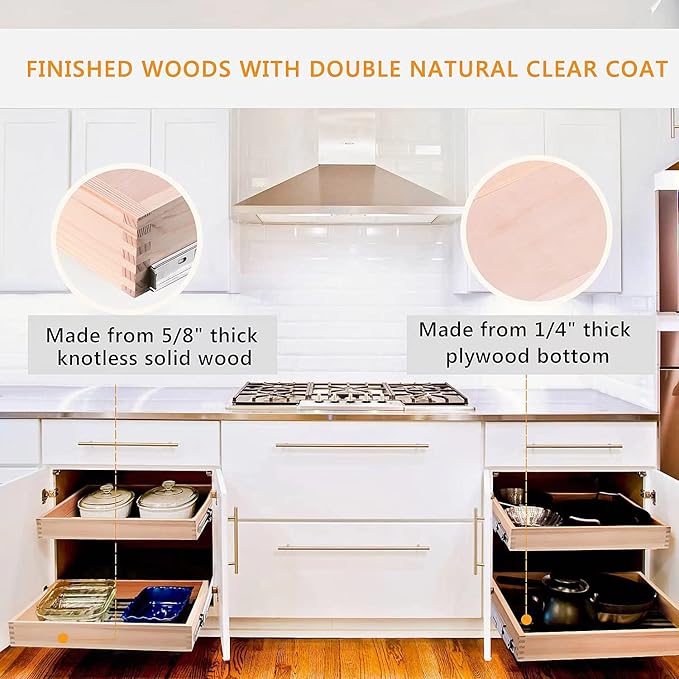 10”W x 21”D x 3”H Soft Close Slide Out Wood Drawer Organizer for Kitchen, (Cabinet Opening>11.5 inches for Bottom Assembly, Opening= 11 inches for Side Assembly)