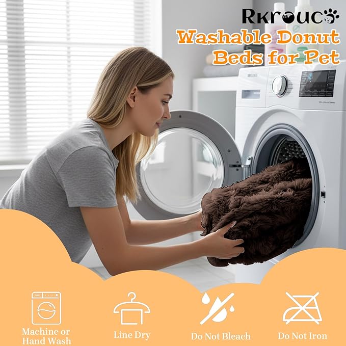 Fluffy Dog Bed Calming Donut Beds for Large Dogs Warming Round Small Medium Pet Nest Cozy Cat Mattress Indoor Washable Puppy Kennel Kittens Sleep Mat (XL, 43.3×43.3 inch, Brown)