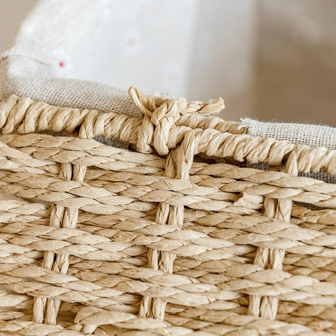 Wicker Shelf Basket with Lid Paper Storage Baskets for Shelves Medium Storage Bin with Removable Liner Nesting Decorative Woven Basket for Makeup Closet Organizer (Medium, Khaki)