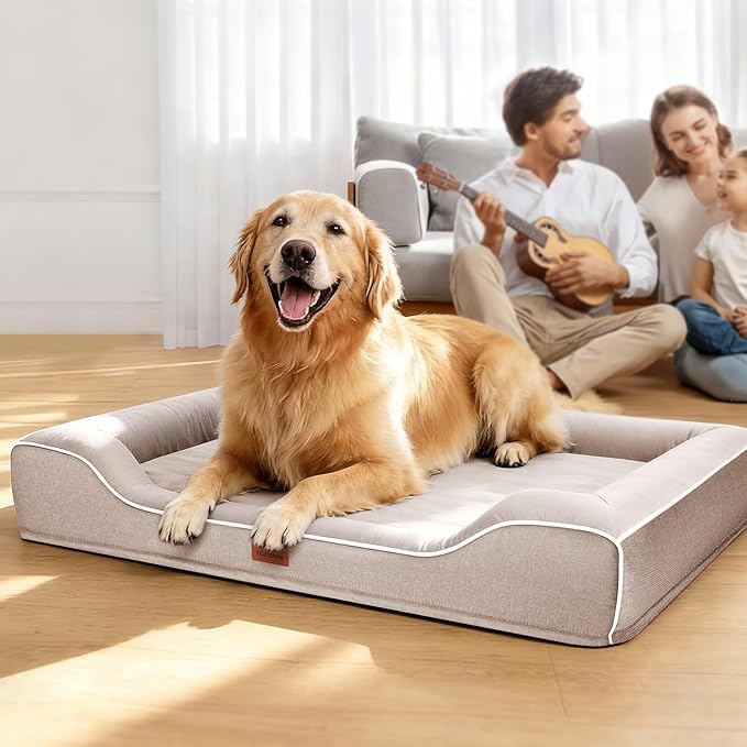 Cooling Orthopedic Extra Dog Beds with Washable Removable Cover,Cool Gel Memory Foam Couch Bed for Jumbo Dogs with Non-Slip Bottom and Egg-Crate Foam Big Waterproof,48.0" LX30.0 WX9.0 Th Beige