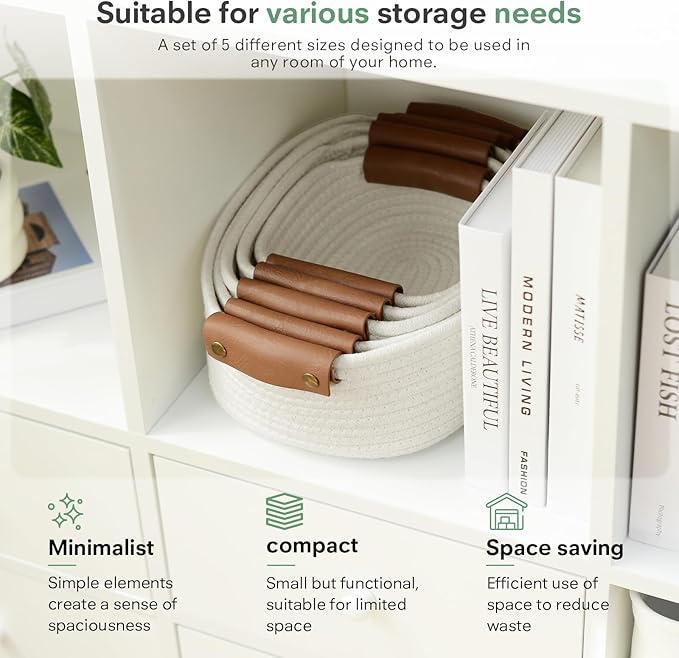 5 Piece Storage Baskets Small Woven Basket with Detachable Leather Handle, Cotton Rope Shelf Baskets for Closet Organizers, Different Sizes Basket Decor, White