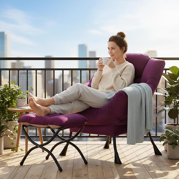 Welnow Lazy Chair with Ottoman, Modern Lounge Accent Chair with Armrests and a Side Pocket, Leisure Sofa Armchair Set, Reading Armchair with Footrest for Small Space, Dark Purple