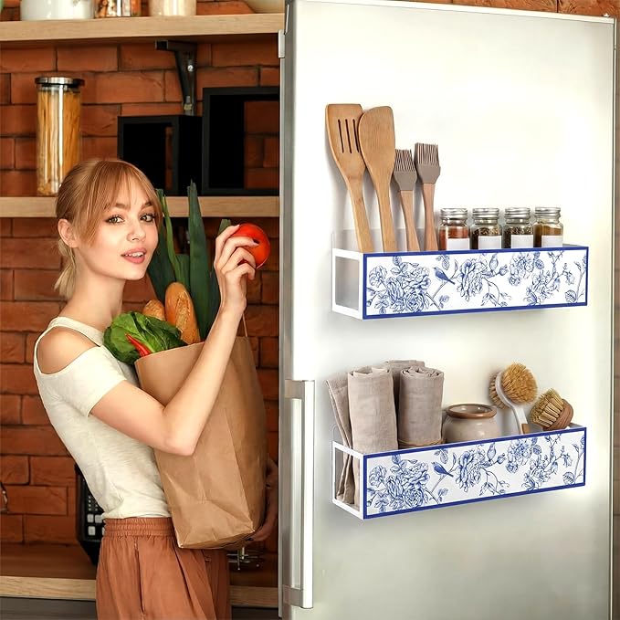 2 Pack Floral and Bird Magnetic Spice Rack for Refrigerator Metal Magnet Basket Shelf for Fridge Seasoning Storage Organizers Home Decor Kitchen Accessories (Blue and White)