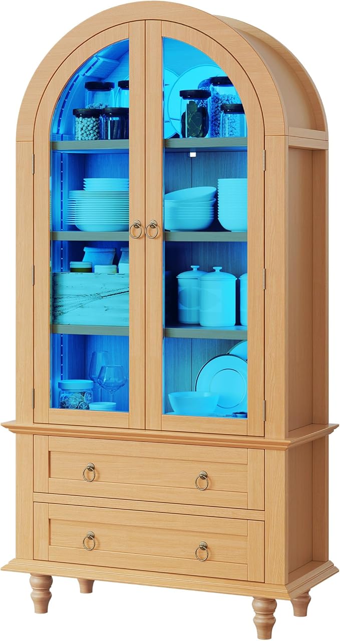 YITAHOME 73" Arched Pantry Cabinet with LED Lighting, 2 Drawers & Multi-Tier Shelves, Modern Farmhouse Kitchen Storage with Ambient Lighting for Dining Room, Natural