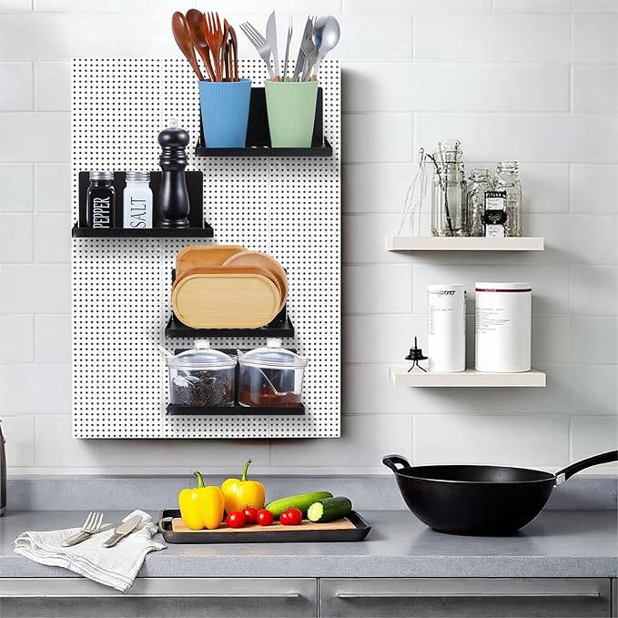 4 Pack Magnetic Pegboard Shelves Wall Organizer Metal Pegboard Shelf Steel Tray Accessories Organizing Tools for Craft Home Kitchen (7.7 x 4.7 x 3.5 Inches, Black)
