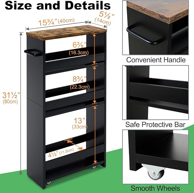 4-Tier Slim Rolling Storage Cart with Wheels - Mobile Organizer for Narrow Spaces in Black