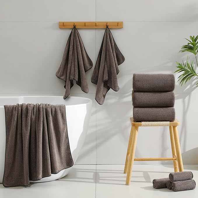 8-Piece Premium Towel Set for Bathroom|2 Oversized Large Bath Sheet,2 Hand Towels,4 Washcloths|Soft Cozy Highly Absorbent Fast Dry Microfiber Shower Towel Set for Hotel Bathroom Essentials,Dark Brown