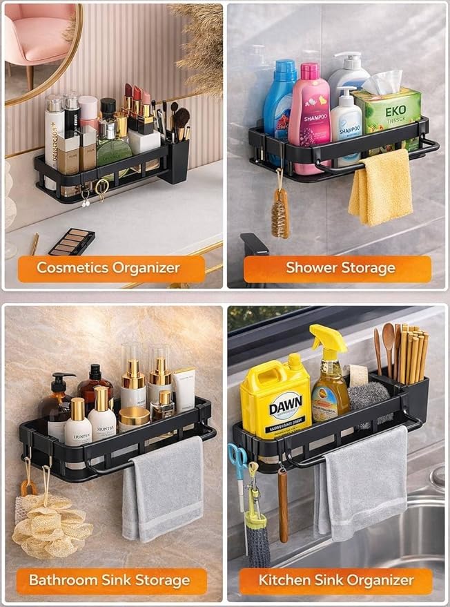 Spice Rack Wall Mount, Adhesive No Drill Wall Mounted Spice Rack for Kitchen & Pantry, 2 Pack Plastic Organizer with Metal Base and Hooks, Renter Friendly
