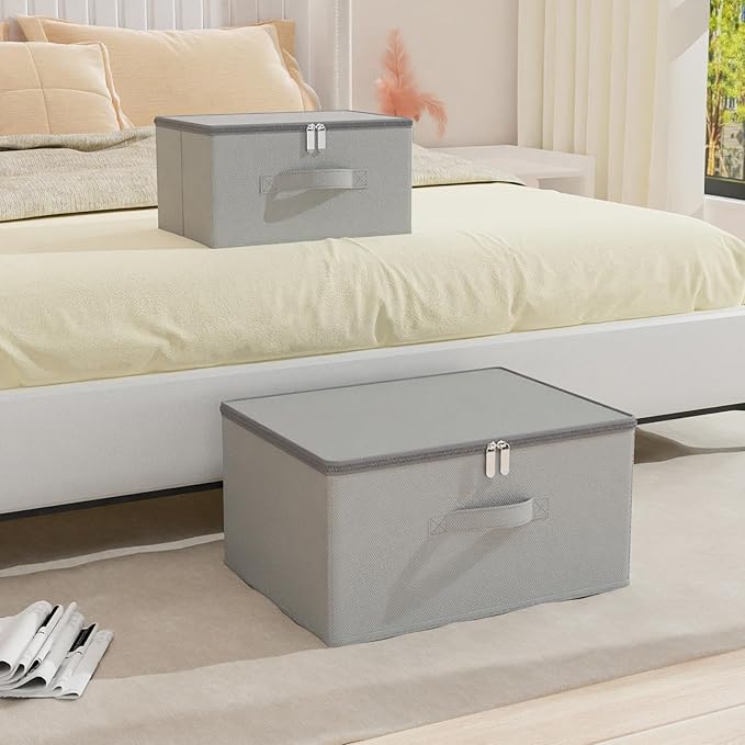 Storage Bins with Lid, Cube Organizer Basket, Closet Boxes with Carrying Handles and Sturdy PP Support Plate, 2 Pack, Grey, 15.7 x 11.8 x 7.9 In, XSNY16GL-2