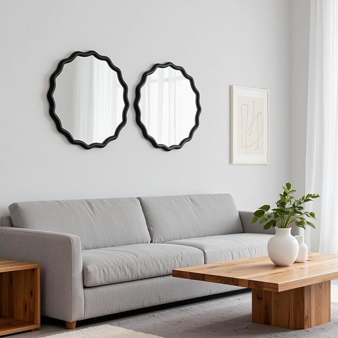 Circle Scalloped Mirror for Wall,32" Round Wavy Wooden Frame Vanity Mirror Hanging for Bedroom, Living Room, Hallway, Entryway, Home Decor Black