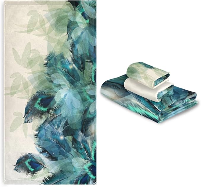 Bath Towels Set,Soft Absorbent Watercolor Peacock Feather Teal Turquoise Floral Green Leaf Print 3 Piece Bathroom Towels,1 Bath Towel,1 Hand Towel,1 Washcloth,Decorative Towels for Spa,Gym