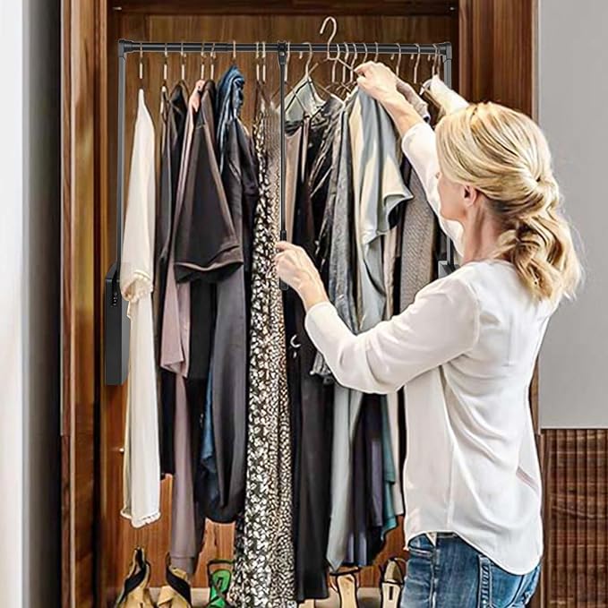Pull Down Closet Rod, Adjustable 26-35 Inch Wardrobe Lift Rail Organizer Two-way Buffering Heavy Duty Wardrobe Hanger for Cabinet, Organizer Storage System Side Mounted, 33 lbs Load Capacity