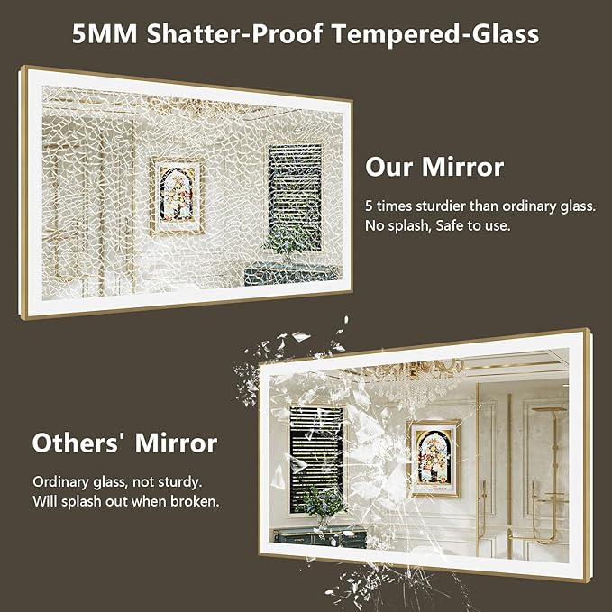 72x36 Inch LED Bathroom Mirror with Lights (Front Lit and Backlit) Gold Framed Lighted Vanity Mirror for Bathroom Wall Dimmable Anti-Fog Memory Tempered Glass Horizontal/Vertical