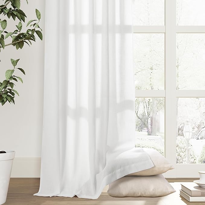 Joywell Natural White Back Tab Rod Pocket Linen Curtains 120 Inches Long 2 Panels for Living Room Bedroom Neutral Boho Farmhouse Rustic Light Filtering Semi Sheer Curtains Window Treatment 52x120
