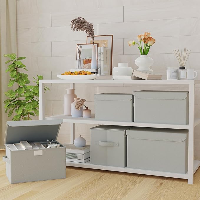 Fabric Storage Bin with Lid, Closet Boxes with Cover, Collapsible Stackable Organizer Basket with 2 Handles, for Home and Bedroom, 4 Pack, Grey, 10.2 x 7.9 x 6.7 In, XSNY12GS-4