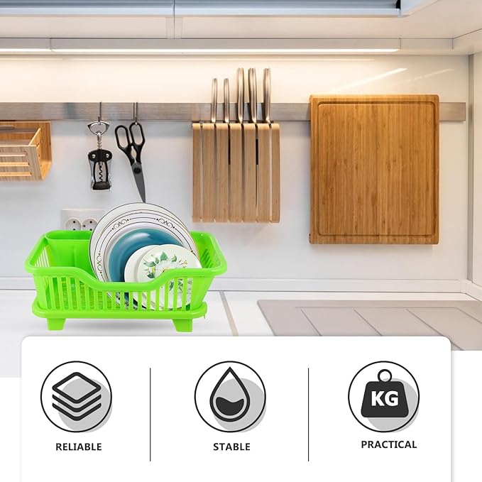 Multifunction Kitchen Cutlery Holder Plastic Tableware Draining Rack with Side Drain Tray for Bowls Plates Milk Bottles Sink Organizer in Green Medium