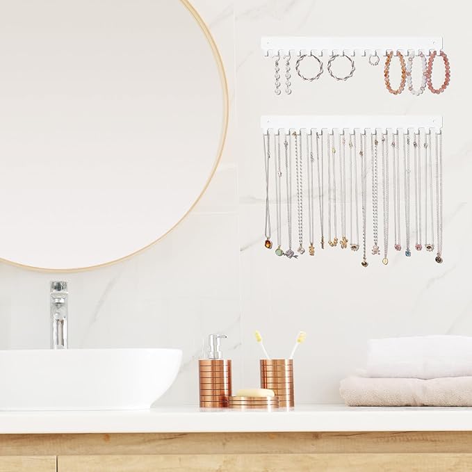 Acrylic Necklace Holder 2 Pack Wall Mounted Necklace Organizer Hanging Jewelry Organizer with 17 Hooks for Necklaces, Bracelets, Rings and Bangles Display (14.17 inch,White)