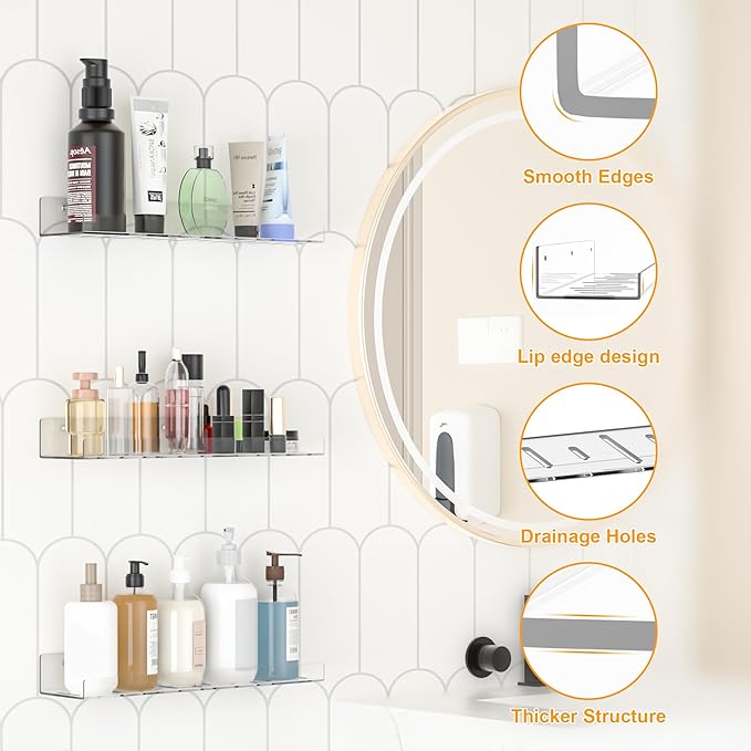 4 Pack Floating Shelves – Clear Acrylic/PET Wall-Mounted No Drill Storage with Adhesive, Invisible Bathroom & Bedroom Shelving for Kitchen, Living Room, Transparent Decor