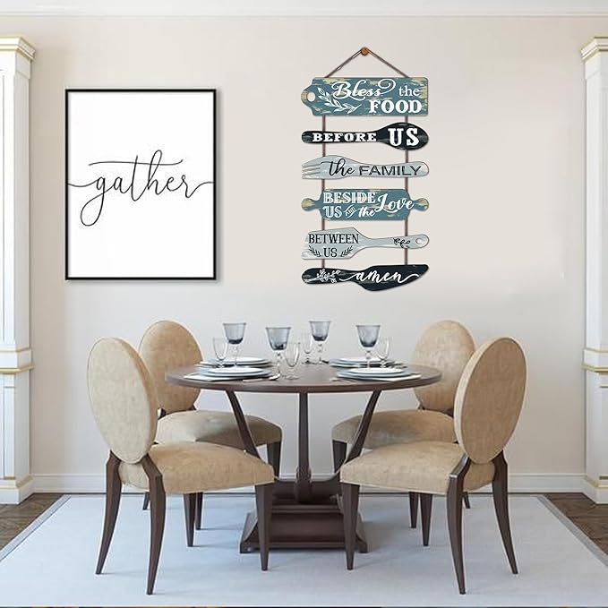 Bless the Food Before Us Farmhouse Kitchen Wall Decor - Dining Room Decorations Collage Wall Art in Neutral Teal/Aqua Color - Wooden Rustic 6pcs Roped Sign 25x14 Inches Vertical