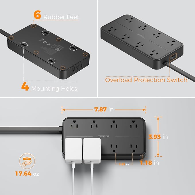 TESSAN Power Strip Surge Protector, 5FT Flat Plug Extension Cord with 8 Outlets 3 USB Charger(1 USB C), 2000 Joules Protection, Wall Mountable Charging Station for Home Office Dorm, Black