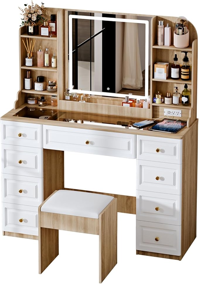 43" Makeup Vanity Desk with Mirror and Lights, & Power Outl, Glass Top Big Vanity Table with 9 Drawers& 8 Storage Shelves, Dressing Table Set with Chair for Bedroom, Oak and White